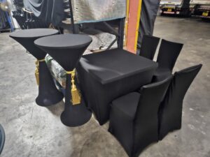 3ft table black spandex and bloom bar table with black spandex gold tassel